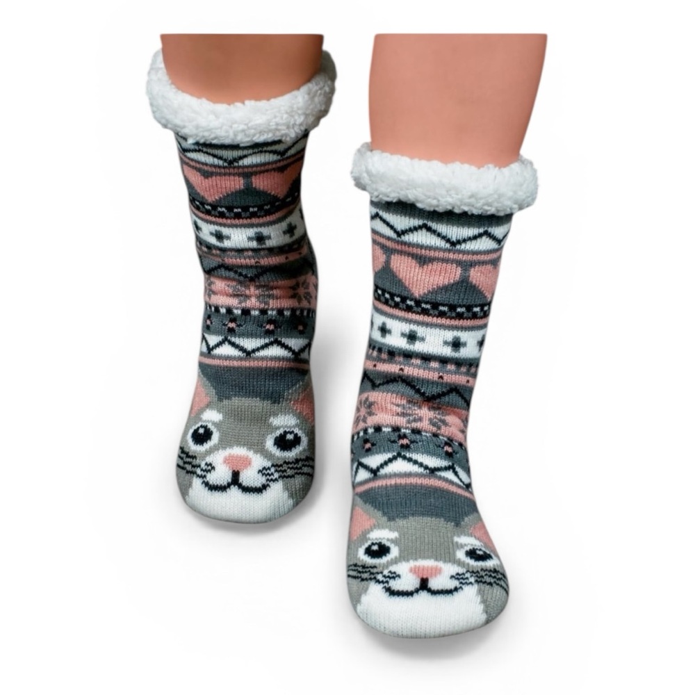 Cat Cabin Socks Cozy Sherpa Lined Knit Gripper‎ Sole OS NWOT